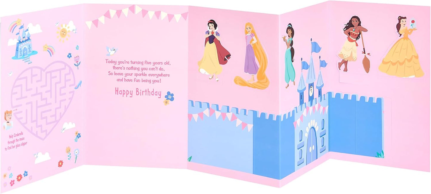 Princess Castle Scene 5th Birthday Card with Activity Inside