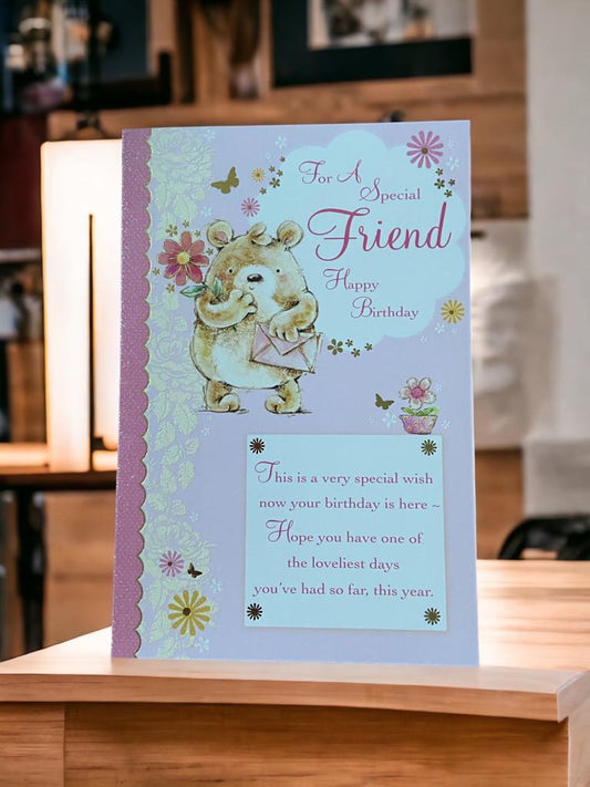 For Friend Teddy With Flower Birthday Card
