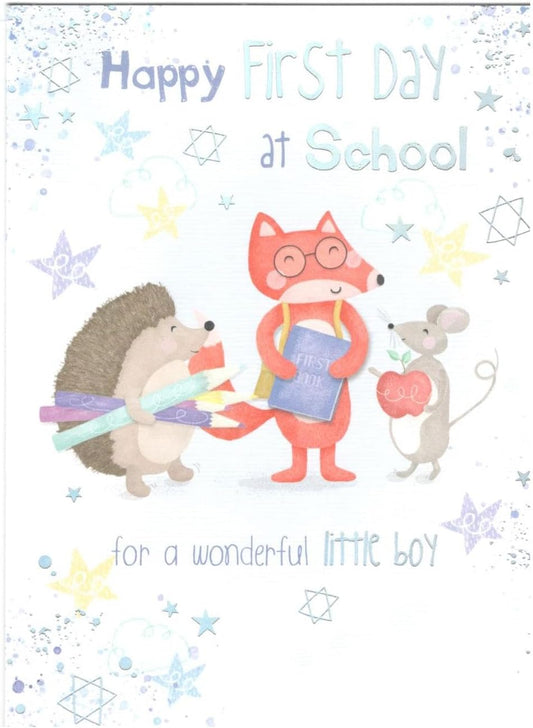 Animals Carrying Stationery For Boy Happy First Day At School Card