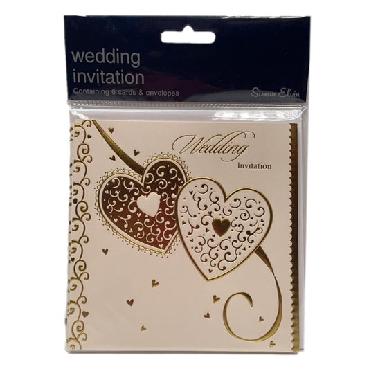 Pack of 6 Two Gold Hearts Wedding Day Invitations Card with Envelopes