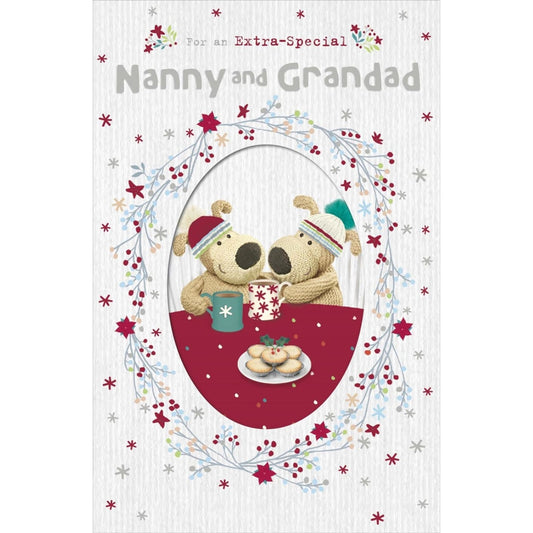 Boofles With Coffee Mugs Nanny and Grandad Christmas card