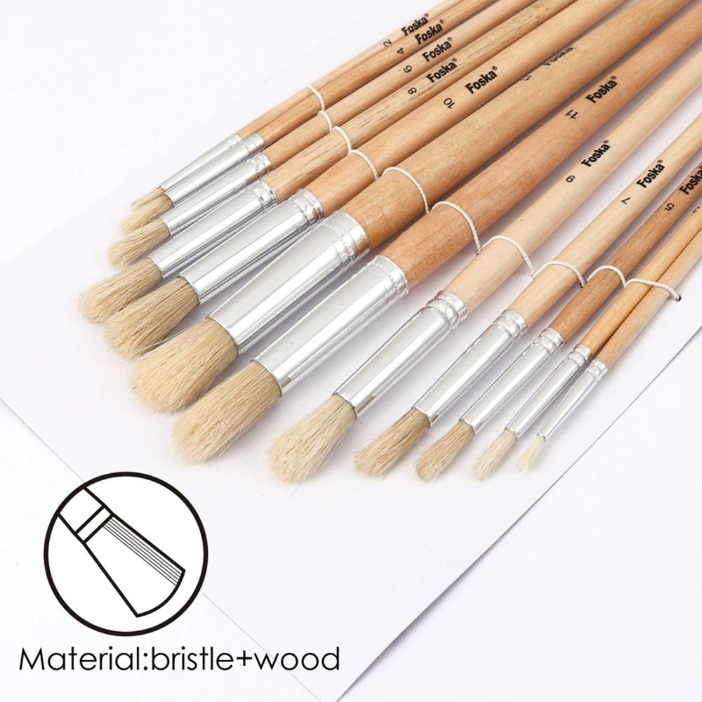 Pack of 12 Assorted Size Wooden Round Handle Bristle Hair Artist Paint Brush Set