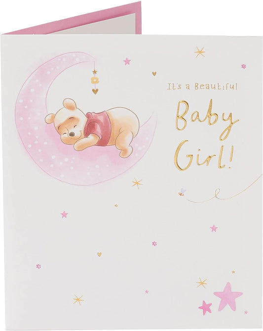 Pink Moon Design Winnie The Pooh New Baby Girl Congratulations Card