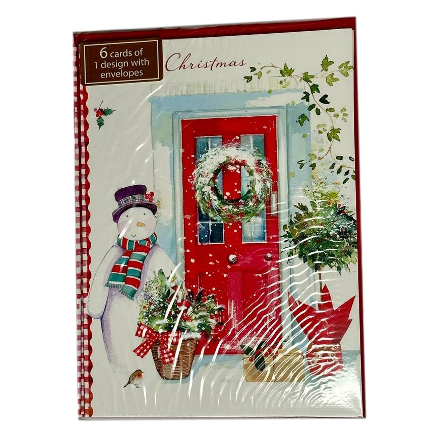 Pack of 6 'Snowman At Red Door' Design Christmas Greeting Cards