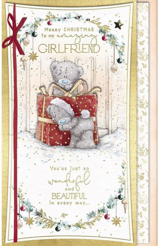 Bear Hiding Behind Present Amazing Girlfriend Handmade Christmas Card