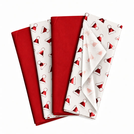 Pack of 8 Christmas Santa Hat Toss Luxury Foil Design & Plain Red 50 x 70 cm Tissue Sheets