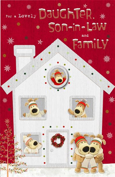Daughter and Son In Law and Family Boofles Outside and Inside of a House Christmas Card