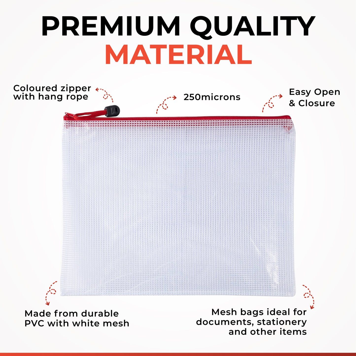Pack of 12 A6 Red PVC Mesh Zip Bags