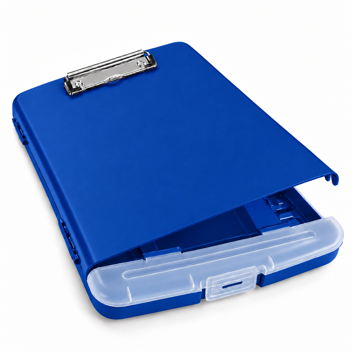 Pack of 12 A4 Blue Plastic Clipboard Box Files With Pencil Holder - Storage Filing Case