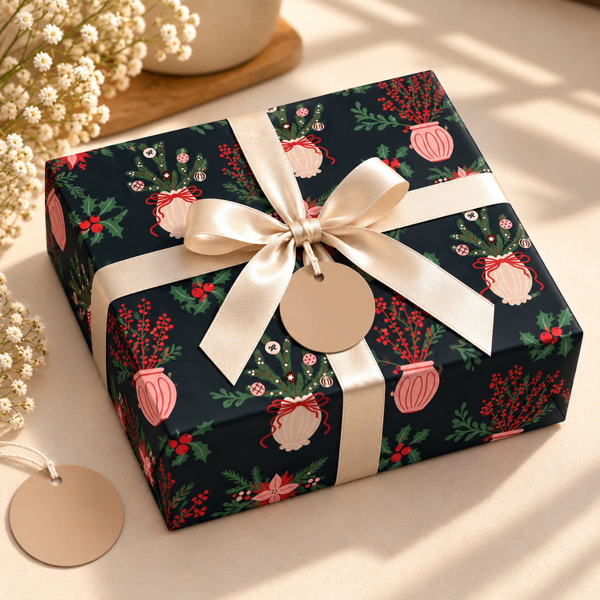 Pack of 2 Winter Bouquet Design 50 x 70 cm Gift Wrap Sheets with 2 Tags - Christmas Seasonal Celebrations Winter Parties