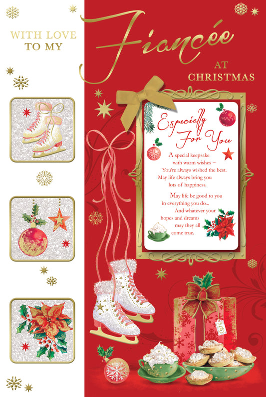 For Fiancee Ice Skate Design Glitter Finished Christmas Card