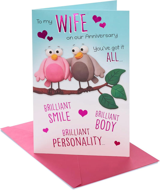 Cartoon Two Birds Design Wife Anniversary Card