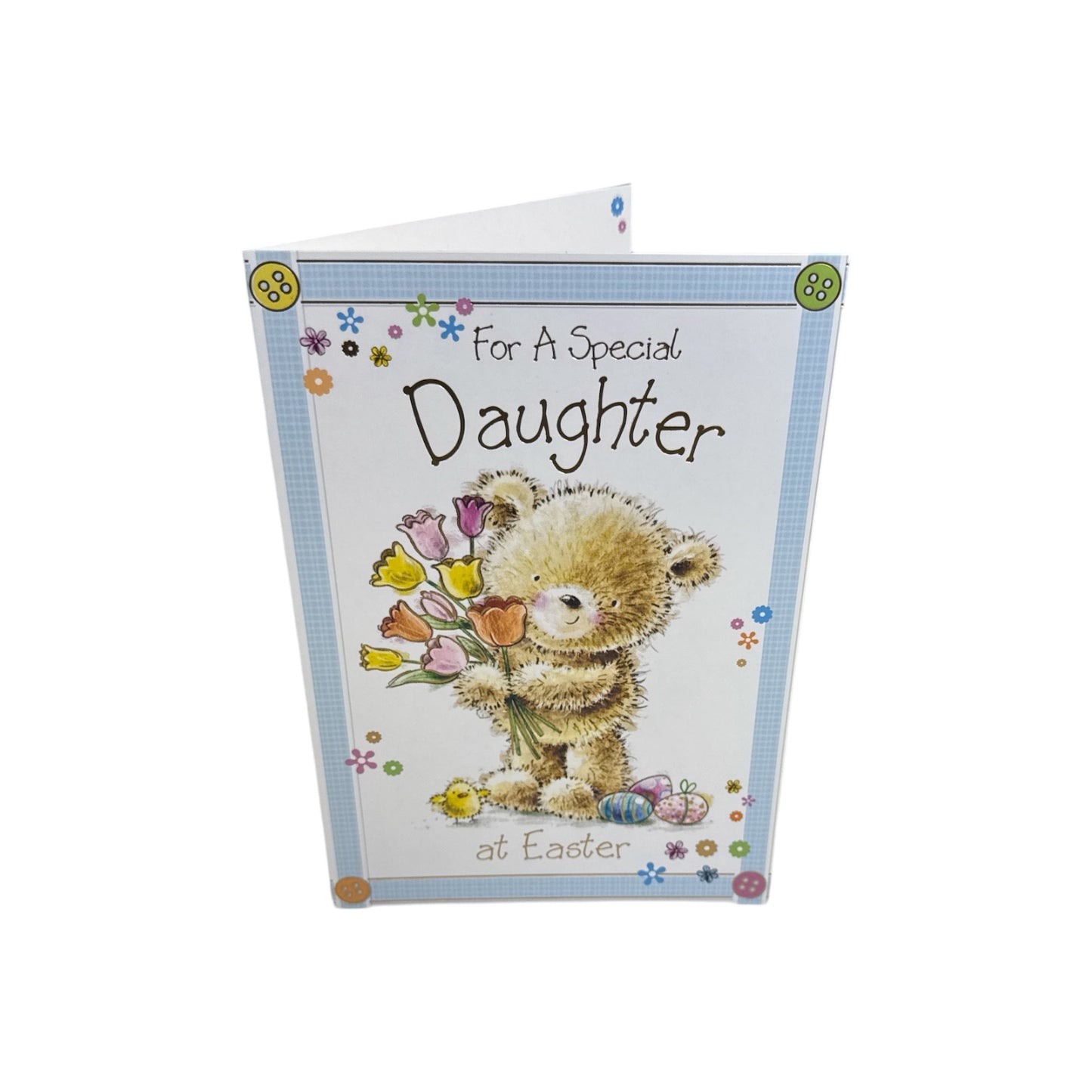 For A Special Daughter Cute Teddy Holding Tulip Flowers Design Easter Card