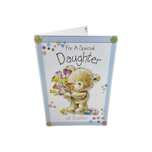 For A Special Daughter Cute Teddy Holding Tulip Flowers Design Easter Card