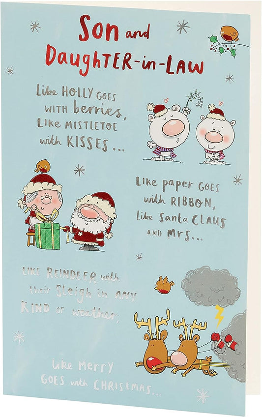 Son & Daughter-In-Law Christmas Card Red & Silver Foil Design 