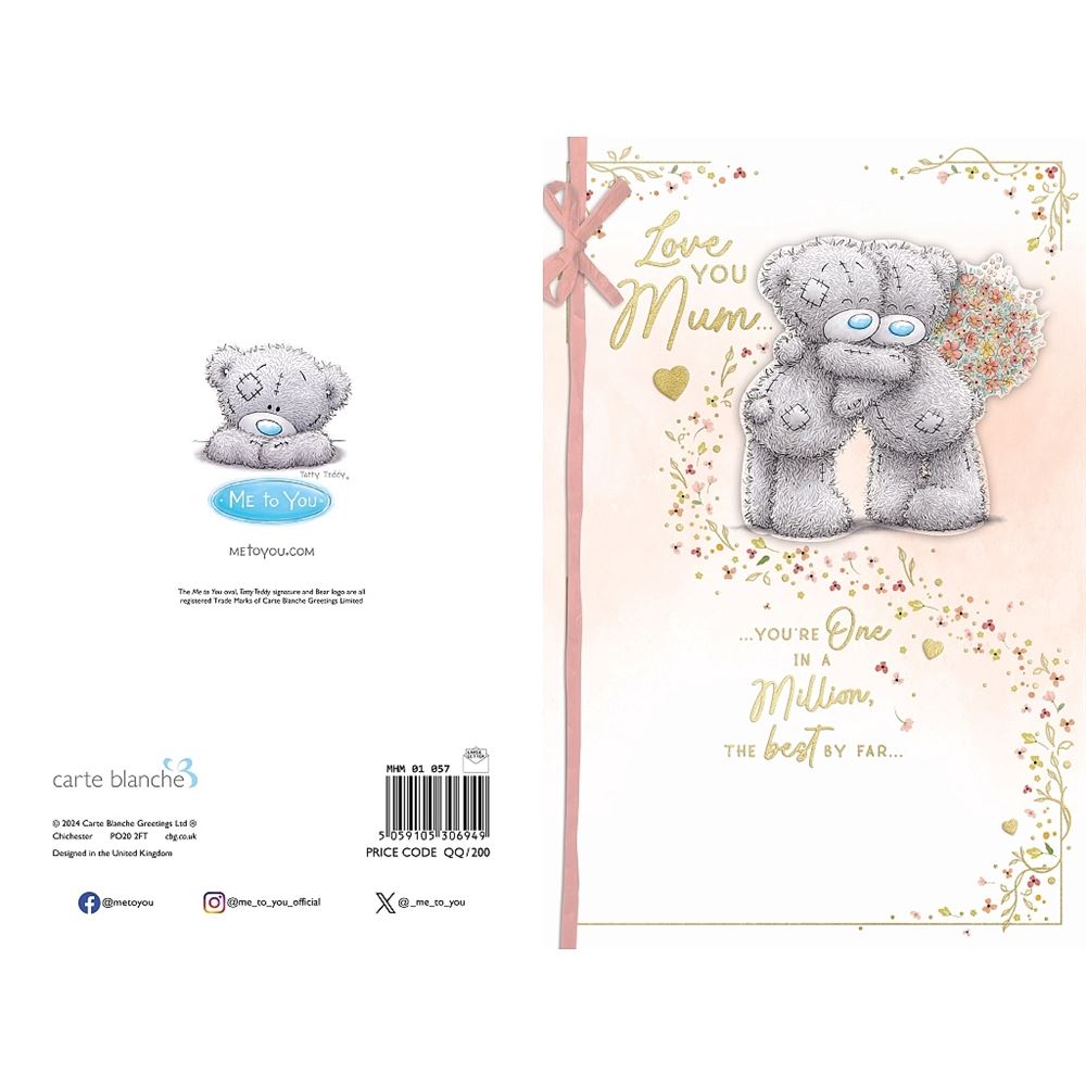 Bears Hugging Love You Mum Luxury Handmade Mother's Day Card