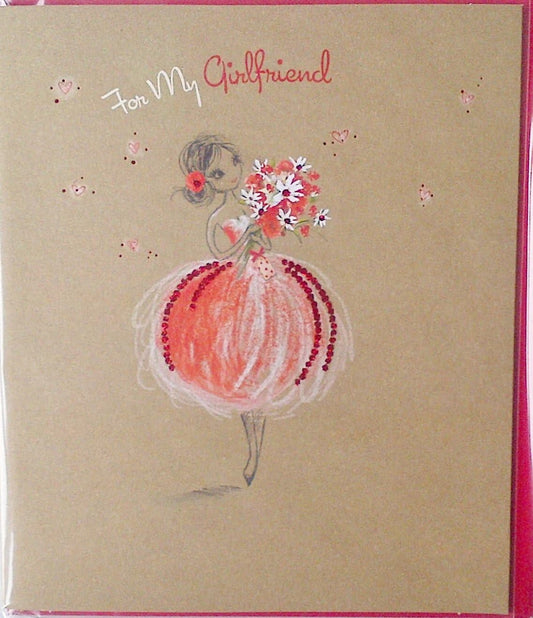For My Girlfriend Girl with Bouquet Design Valentine's Day Card