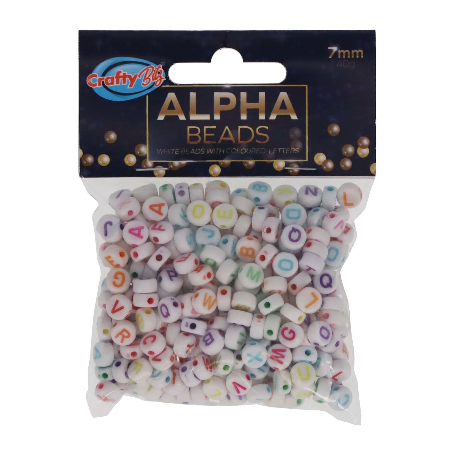 40gm 7mm White Alpha Beads With Coloured Letters by Crafty Bitz