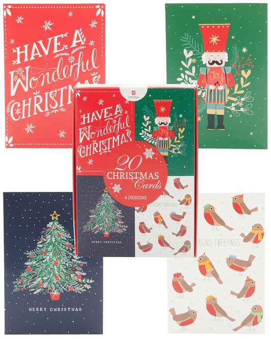 Multipack of 20 Christmas Crackers Charity Christmas Cards with Envelopes – 4 Festive Designs for Him/Her/Friend