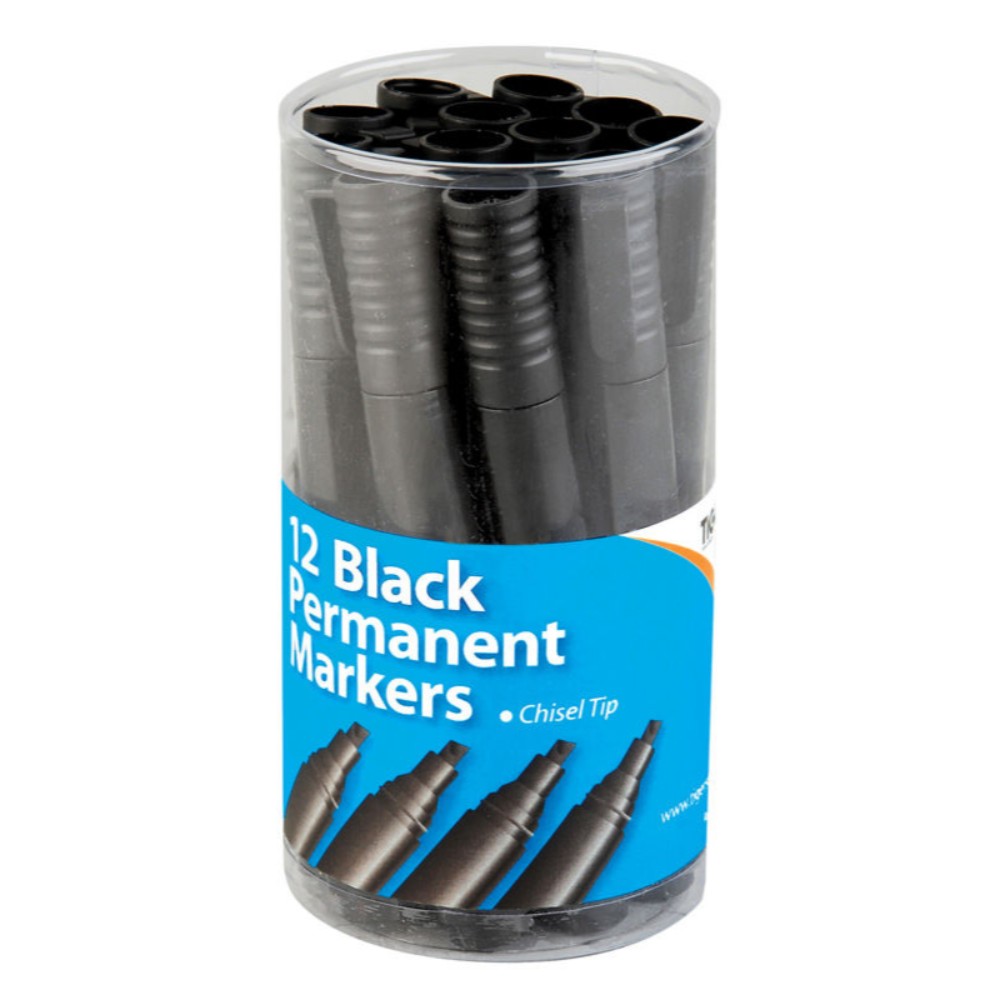 Pot of 12 Chisel Tip Permanent Black Marker Pens