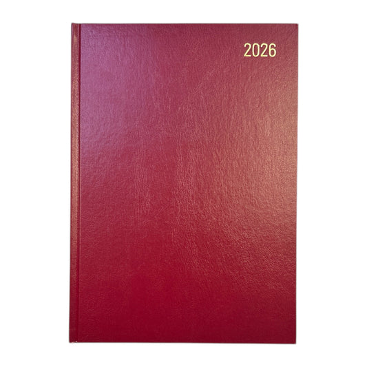 Janrax 2026 A4 2 Pages Per Day Burgundy Desk Diary