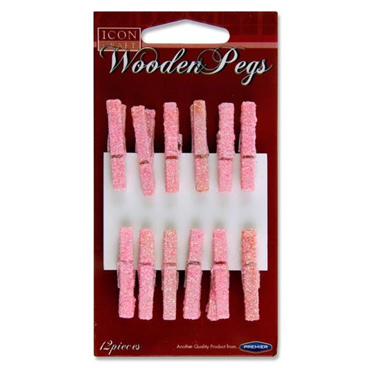 Pack of 12 Pink Glitter Wooden Pegs by Icon Craft