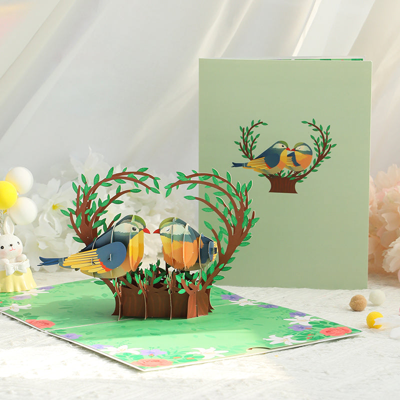 Two Love Birds in Heart Nest 3D Pop Up Greeting Card - Valentine's Day Anniversary Wedding Birthday