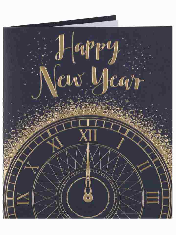 Happy New Year Classic Clock Glitter Christmas Greeting Card
