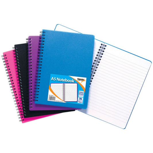 Pack of 5 A5 70 Sheet Twinwire Polypropylene Cover Notebooks