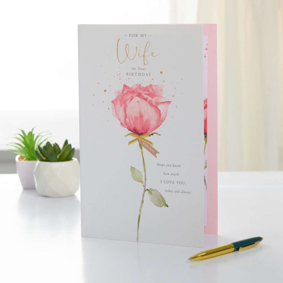 Pink Rose Design Wife Birthday Card Large
