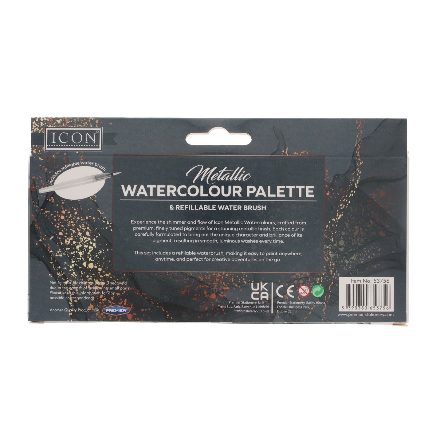 Pack of 6 Primary Metallic Watercolour in Palette & Refillable Water Brush by Icon