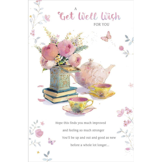 Tea & Floral Get Well Wish From The Gibson Range Embossed With A Gold Foil Finish