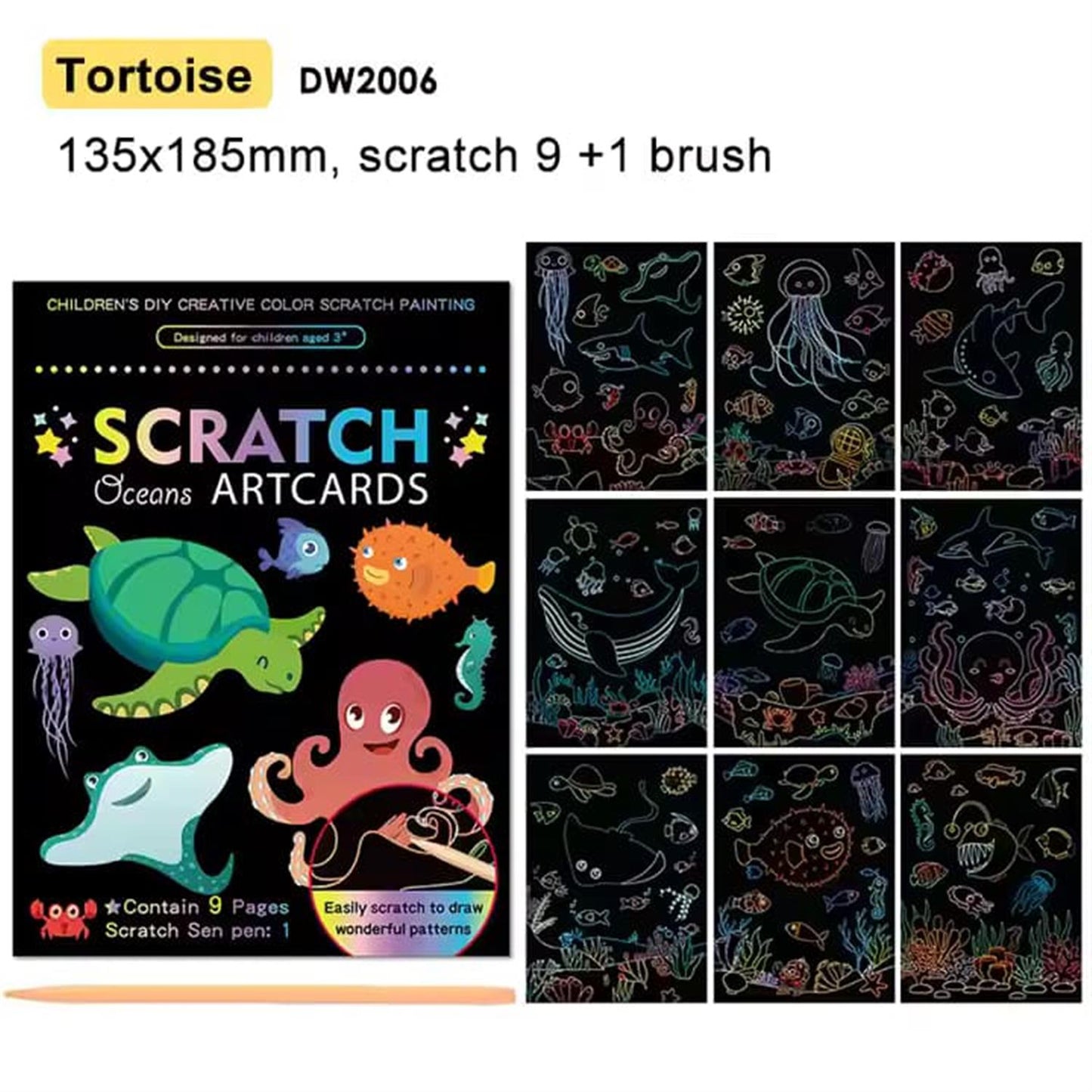 Tortoise Theme 9 Pages Art Creative Scratch Painting Book with Scratch Pen