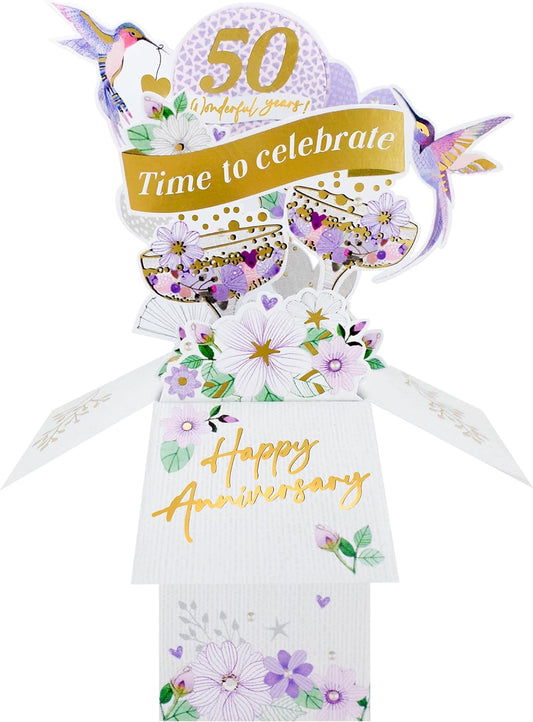 Clever Cube 50 Wonderful Years Golden Cheers! Anniversary Pop Up Keepsake Card