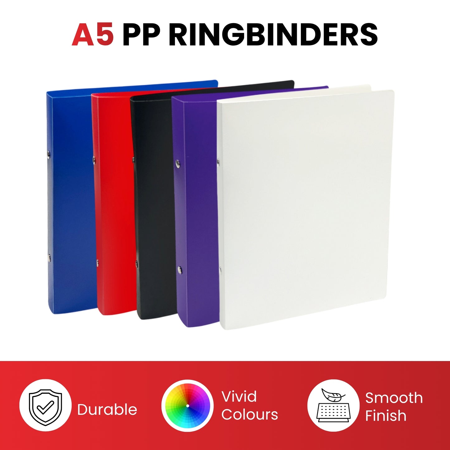 Pack of 3 A5 PP Ring Binders – 25mm Spine, 2 O-Ring Mechanism, 700 Micron Durable Cover – Red, White, Black