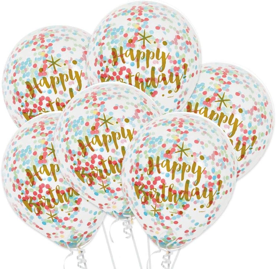 Pack of 6 Glitzy Gold Birthday Clear Latex Balloons with Confetti 12"