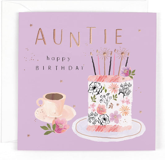 Contemporary Design Cake And Tea Cup Luxury Auntie Birthday Card