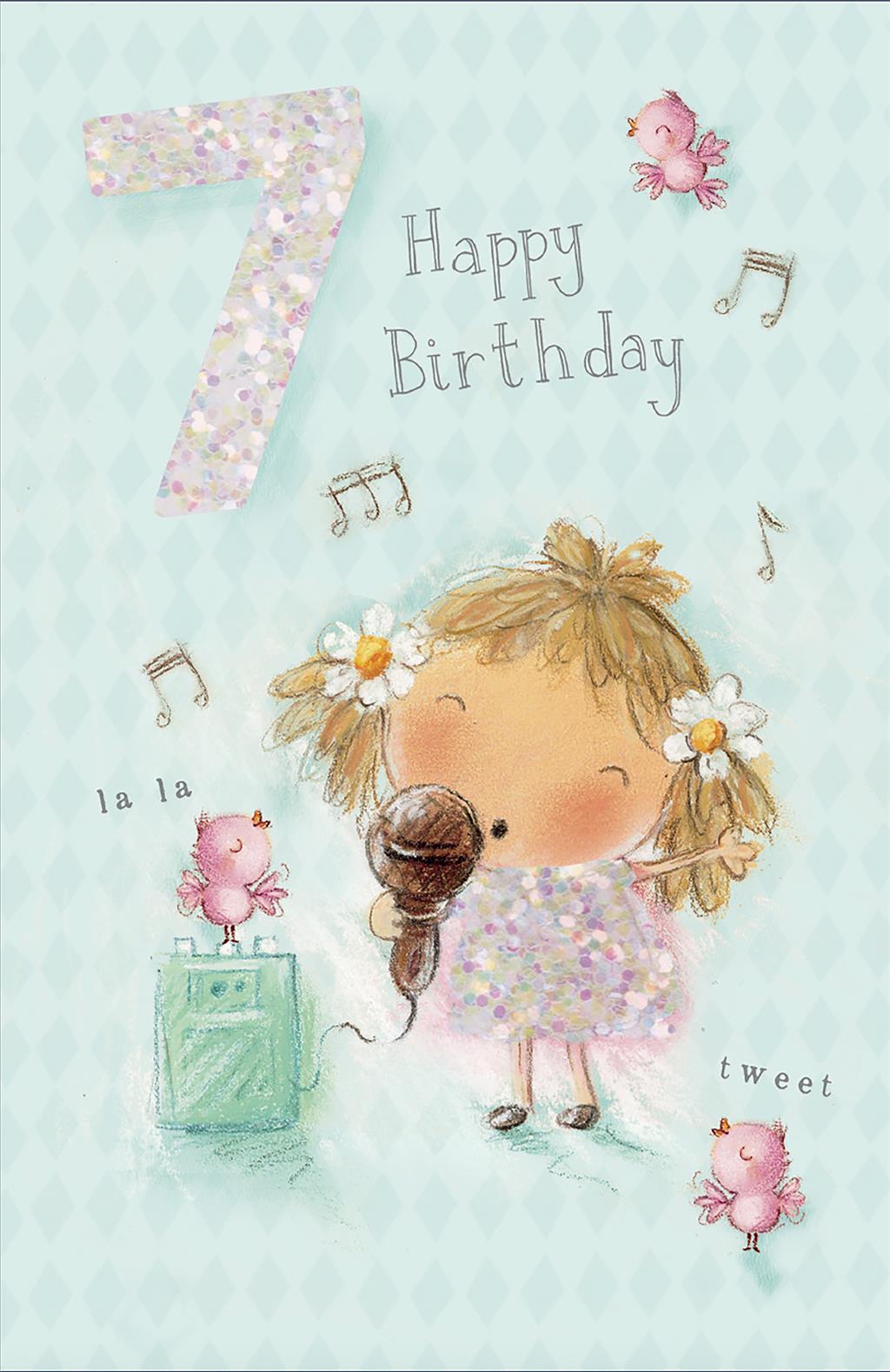 Girls 7th Birthday Card Karaoke Singing Birds 