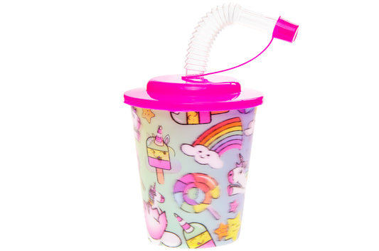 Pack of 12 Unicorn Theme 3D Cups With Straw and Lid