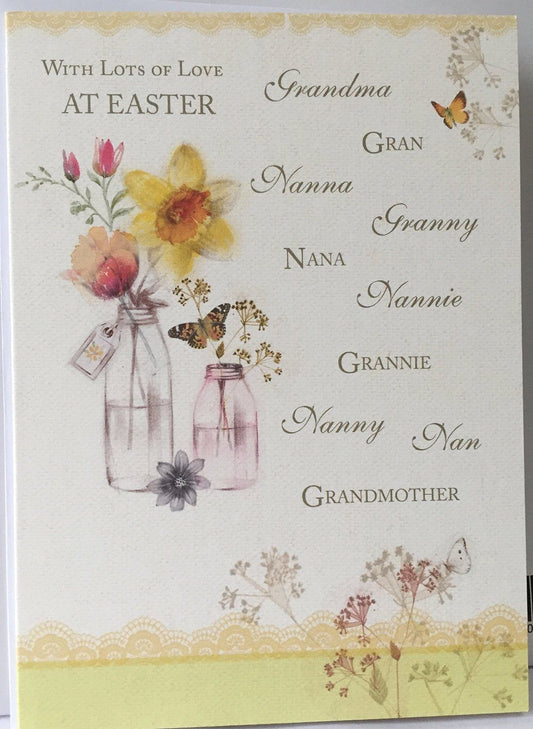 At Easter Grandma, Gran Nan Nanna.. Easter Greetings Card Daffodils & Tulips