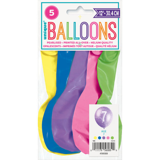 Pack of 5 Number 7 12" Latex Balloons