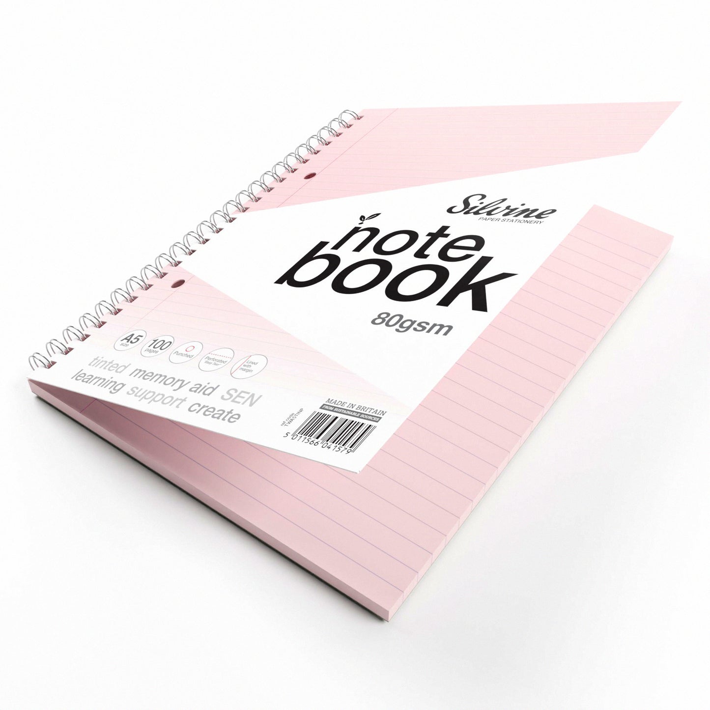 A5+ 100 Pages Twin Wire SEN Pink Paper Dyslexia Notebook - Lined with Margin