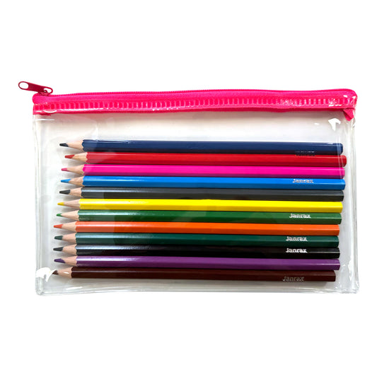 Pack of 12 Colouring Pencils in Pink Zip Clear Pencil Case