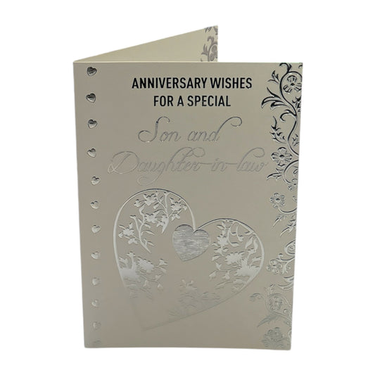 Son & Daughter-In-Law Traditional Silver Heart Floral Design Anniversary Wishes Card
