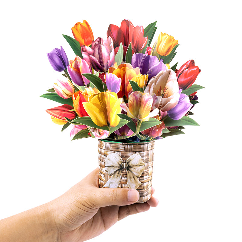 Petals of Joy Tulip Basket 3D Pop Up Greeting Card - Mother's Day Birthday Wedding Anniversary 