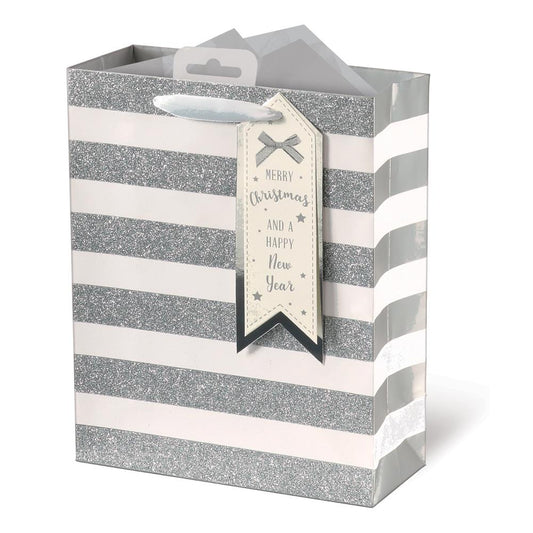 Silver Glitter Finished Stripe Design Christmas Medium Gift Bag