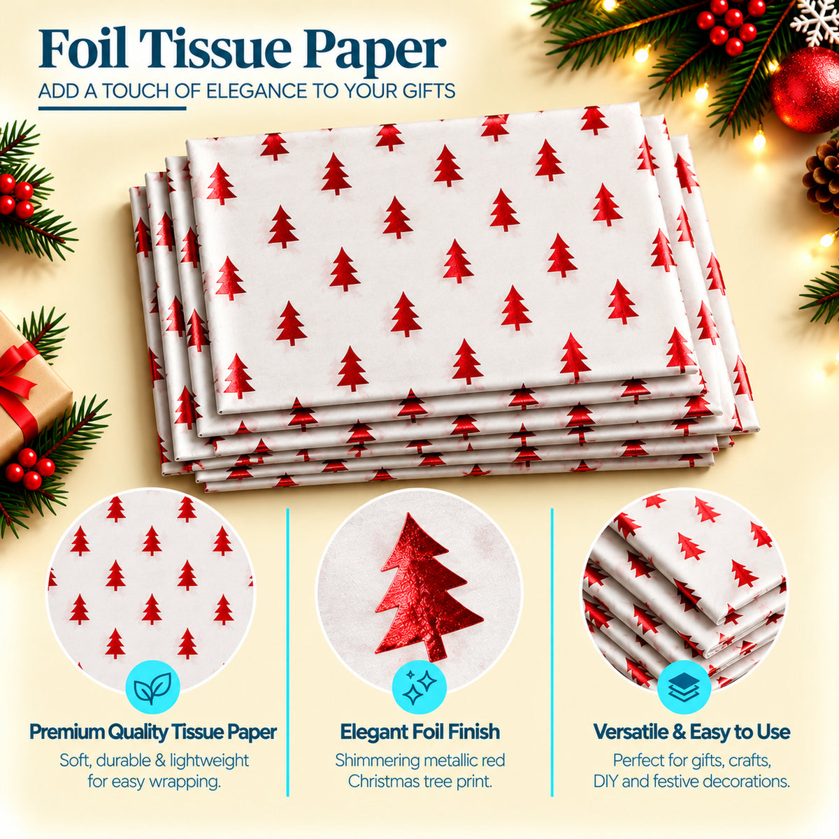 Pack of 5 Christmas Tree Evergreen Design 50 x 70 cm Luxury Red Foil Tissue Sheets