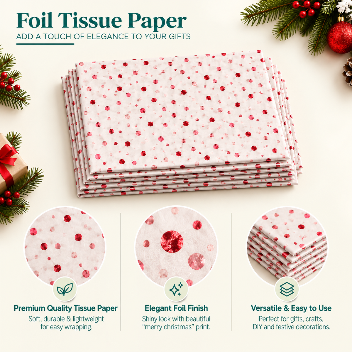 Pack of 5 Confetti Dots Design 50 x 70 cm Luxury Red Foil Tissue Sheets - Christmas, Birthday, Valentine