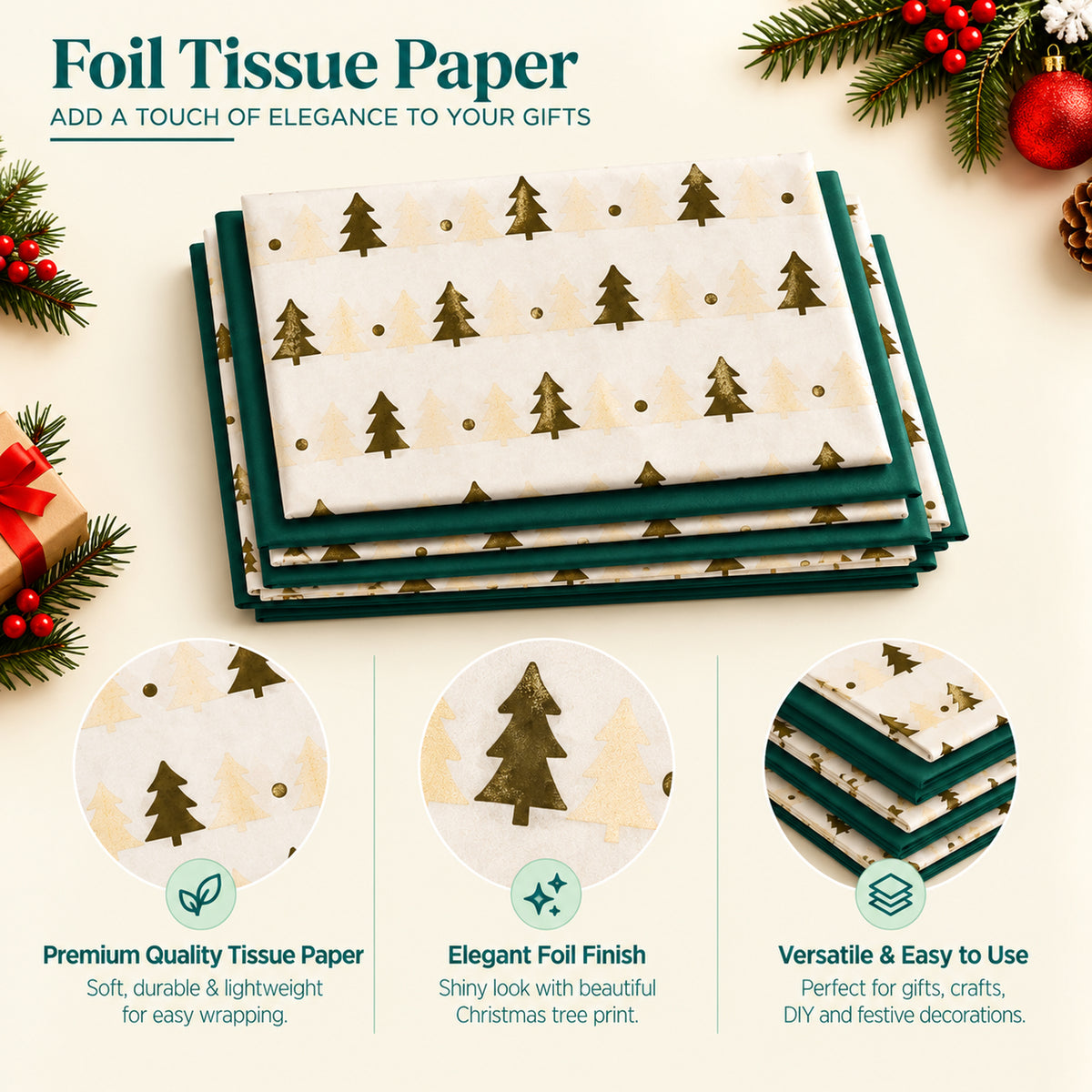 Pack of 8 Christmas Tree Dots Luxury Gold Foil Design & Plain Dark Green 50 x 70 cm Tissue Sheets