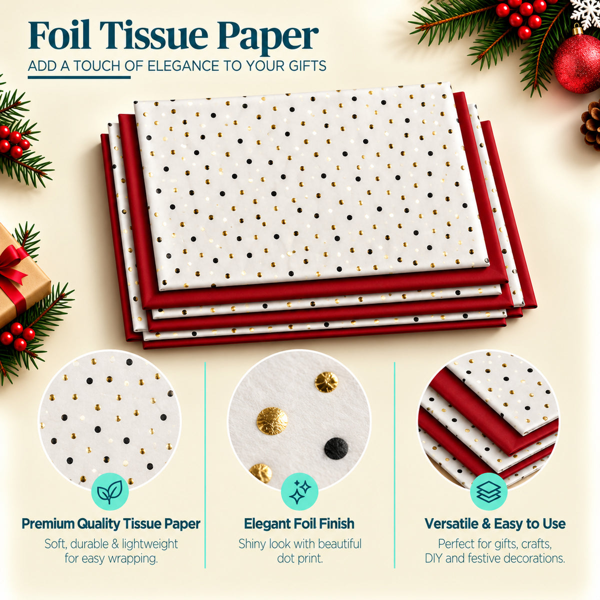 Pack of 8 Confetti Dots Luxury Red Foil Design & Plain Red 50 x 70 cm Tissue Sheets - Christmas, Valentine